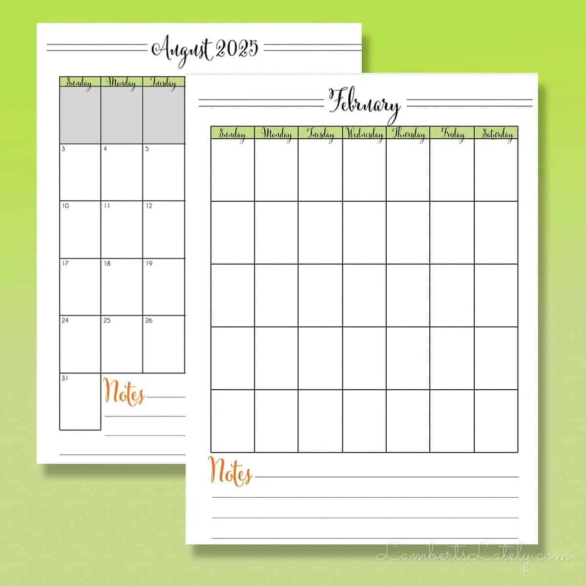 Printable Cursive Calendar Sheets 2025