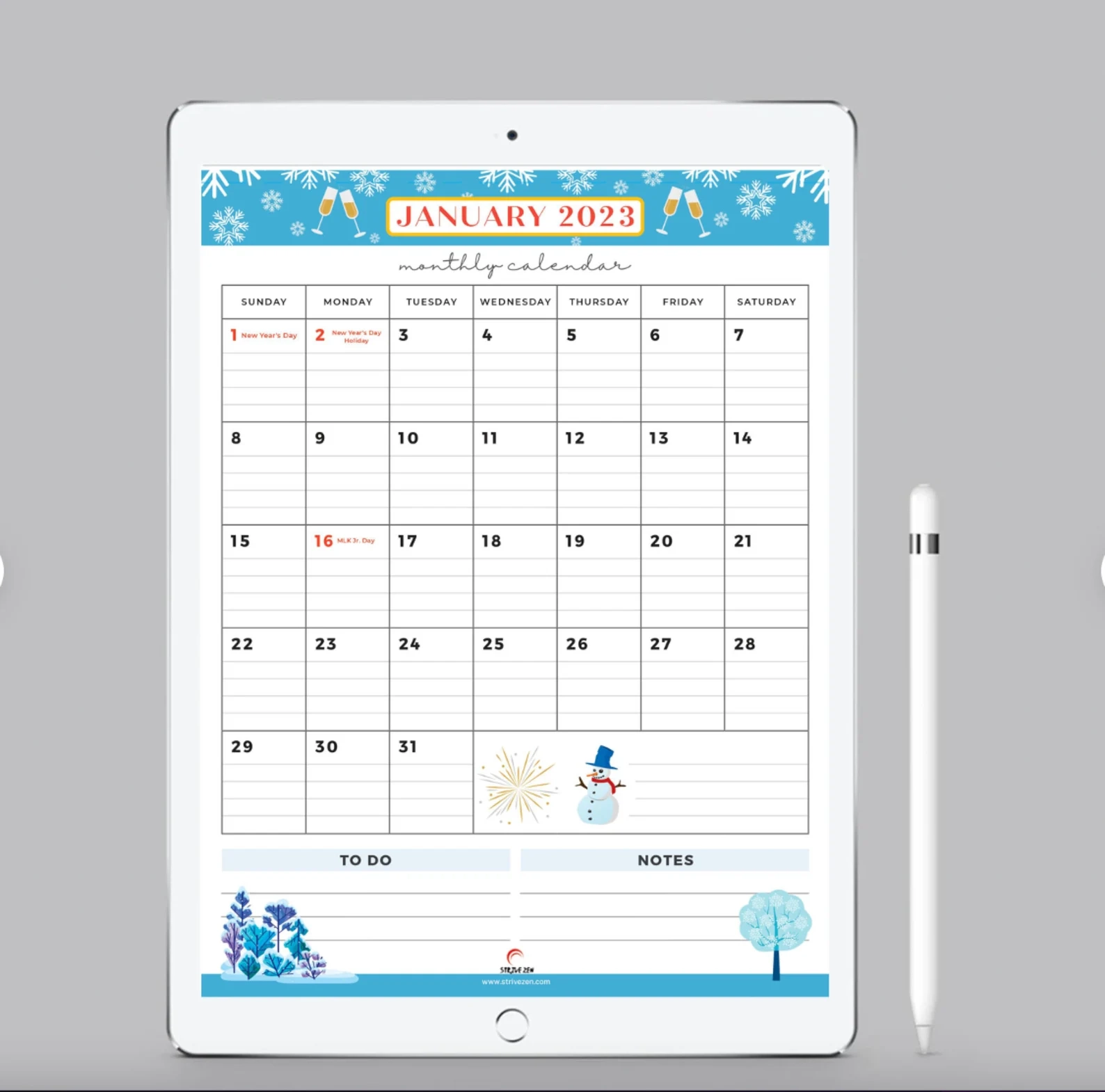 2023 Colorful Fun Digital Desk Calendar Printable Planner Vertical Style StriveZen