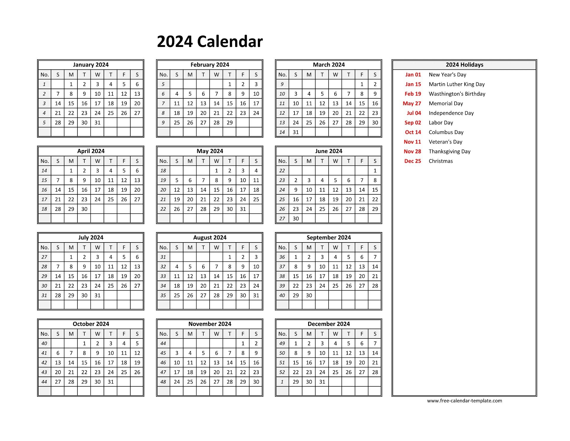 2024 Yearly Calendar Printable With Week Numbers Free calendar template 