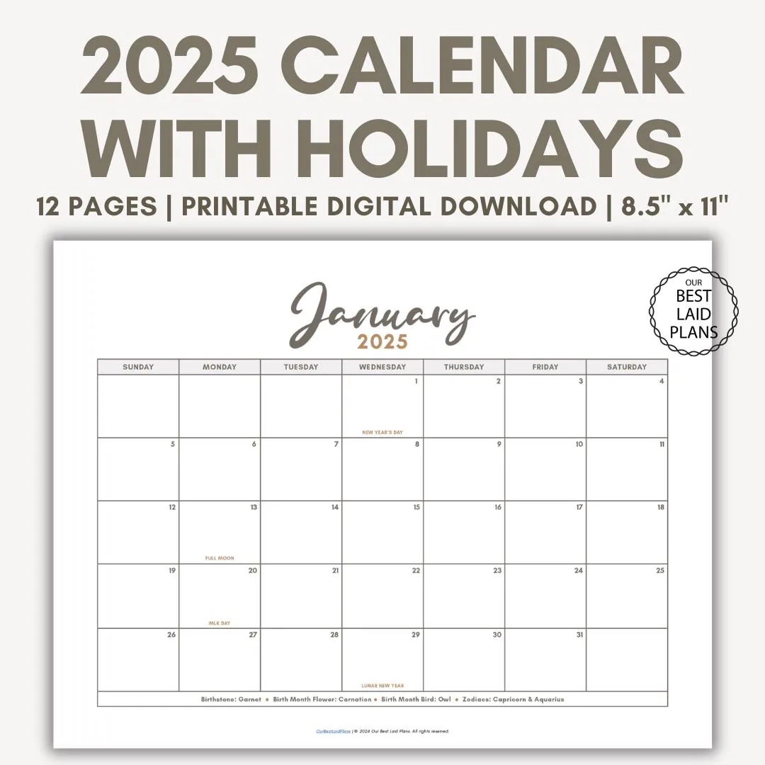 2025 Calendar Printable PDF 2025 Monthly Bundle Calendar Printable Year Annual 2025 Printable Calendar Landscape 2025 Calendar With Holidays Etsy
