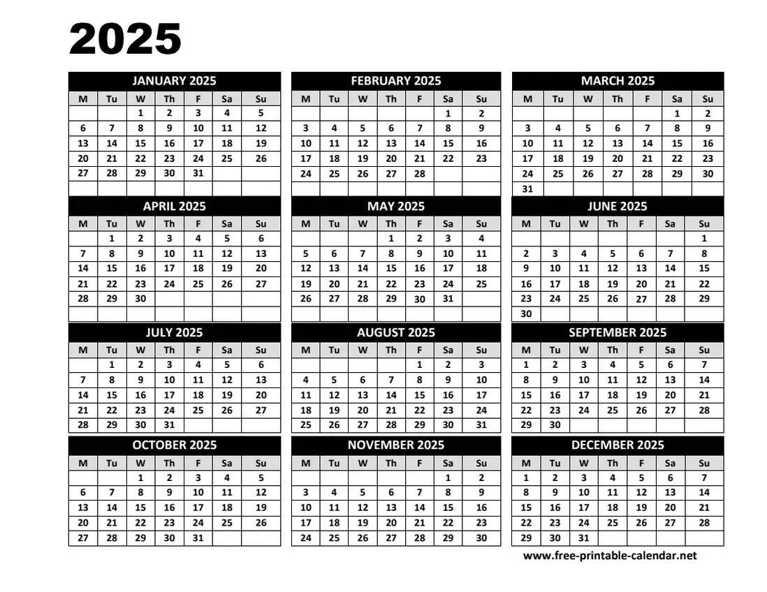 Weeks Calendar 2025 Printable