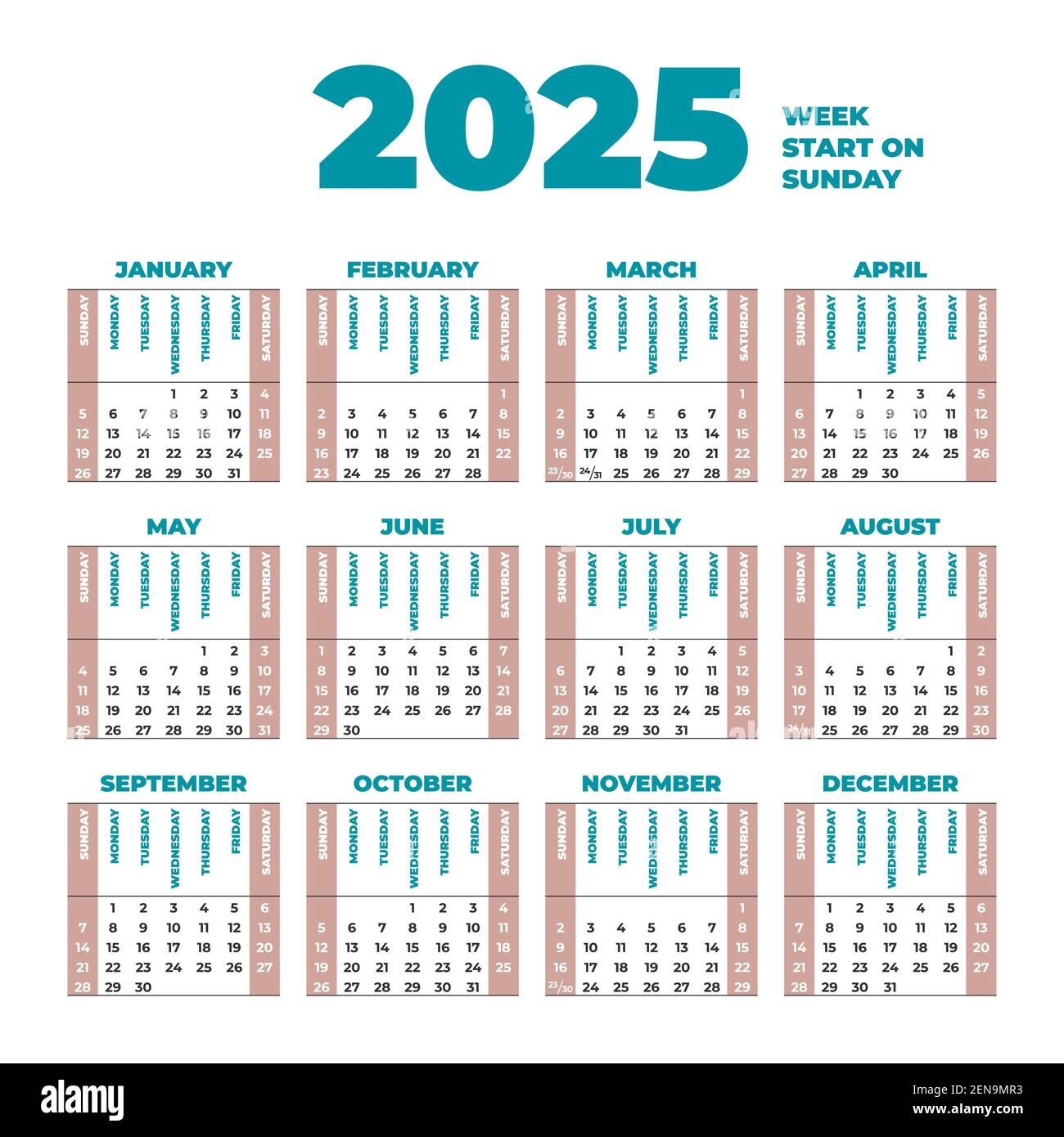 2025 Calendar Template With Weeks Start On Sunday Stock Vector Image Art Alamy