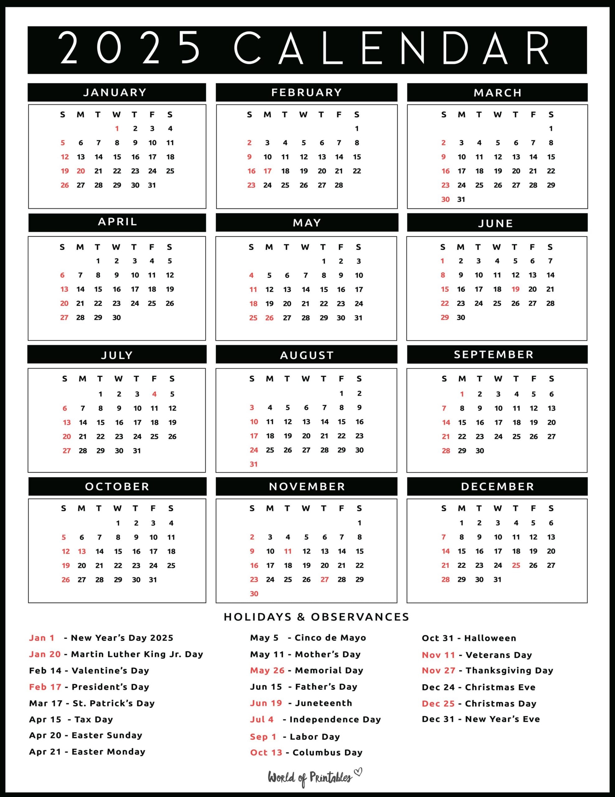 2025 Calendar With Holidays Free Printables In 28 Unique Styles World Of Printables