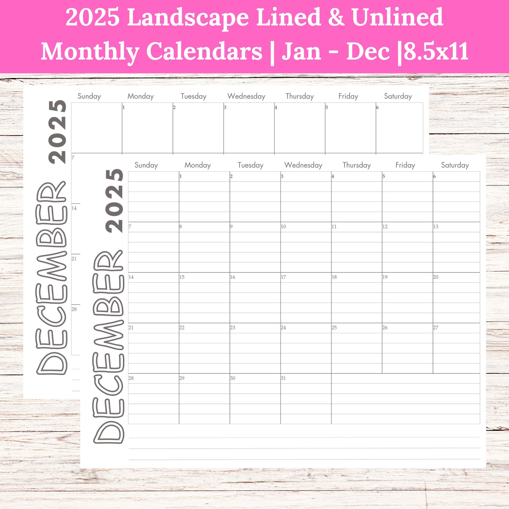 2025 Landscape Lined Unlined Monthly Calendars Jan Dec PDF Printable Download