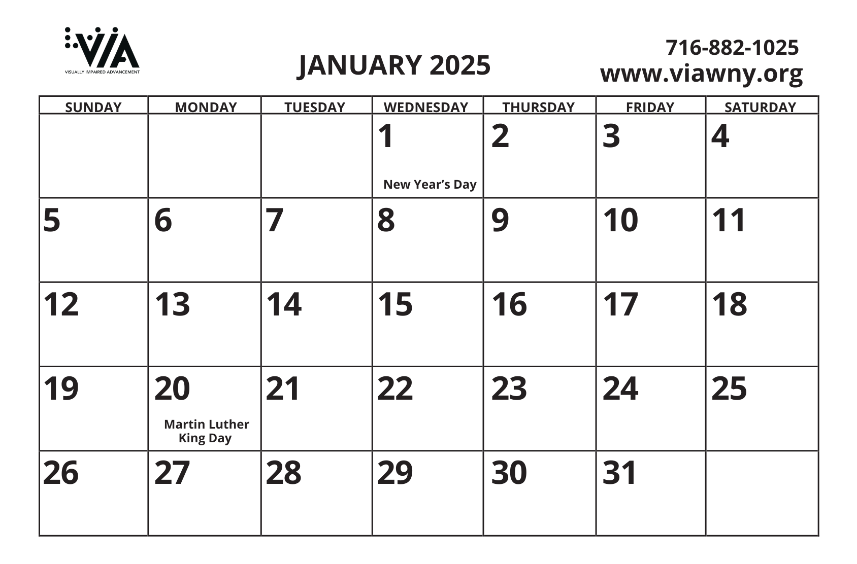 2025 Large Print Desk Calendars VIA