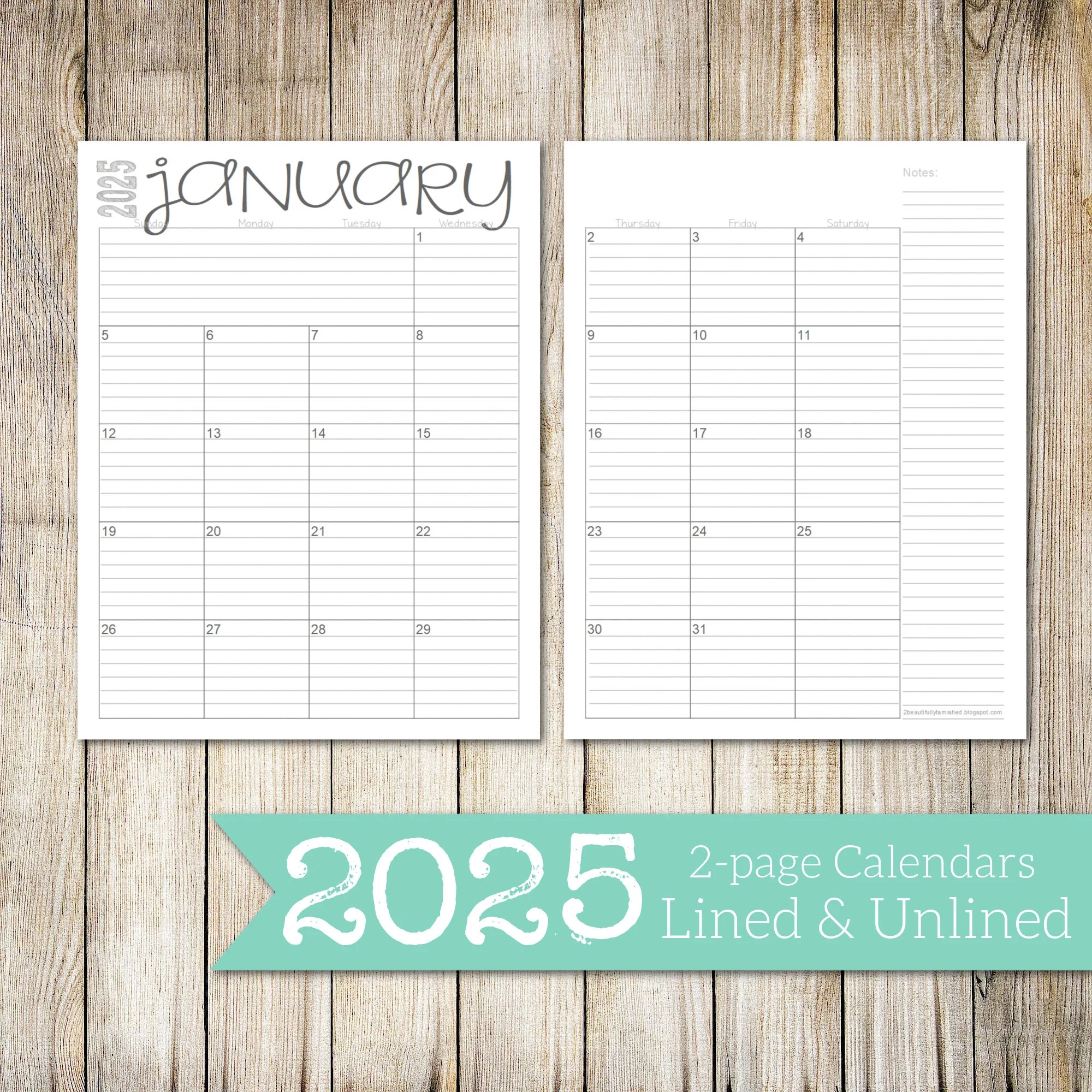 2025 Lined Unlined 2 page Monthly Calendars 8 5x11 Jan Dec PDF Printable Download Etsy