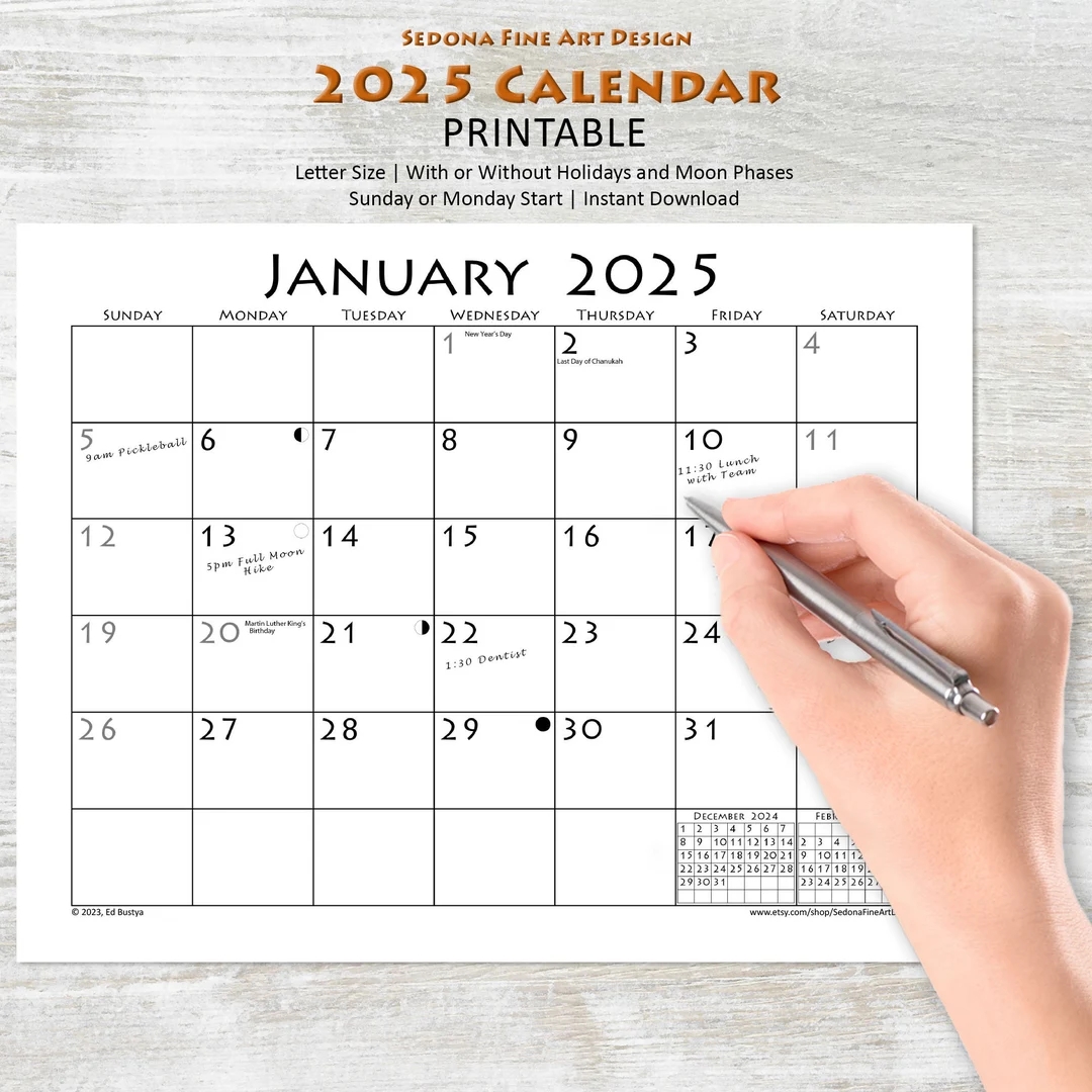 2025 Monthly Blank Calendar sunday start Or Monday start Simple Calendar With Holidays And Moon Phases Or W o Horizontal Printable PDF Etsy