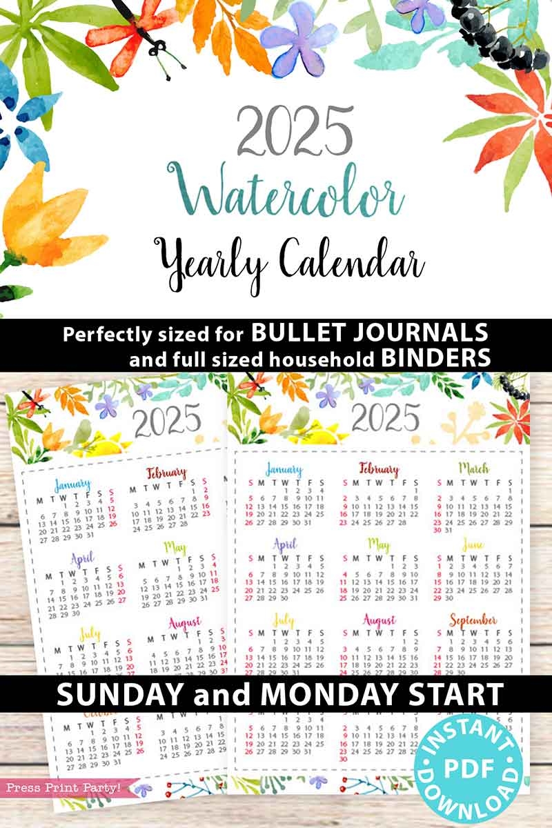 2025 One Page Calendar At a glance Printable Watercolor