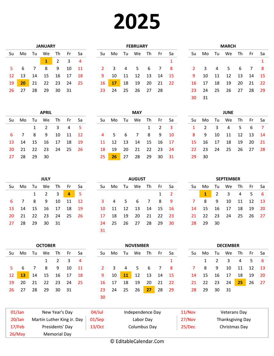 Free Printable Calendar For 2025 With Holidays
