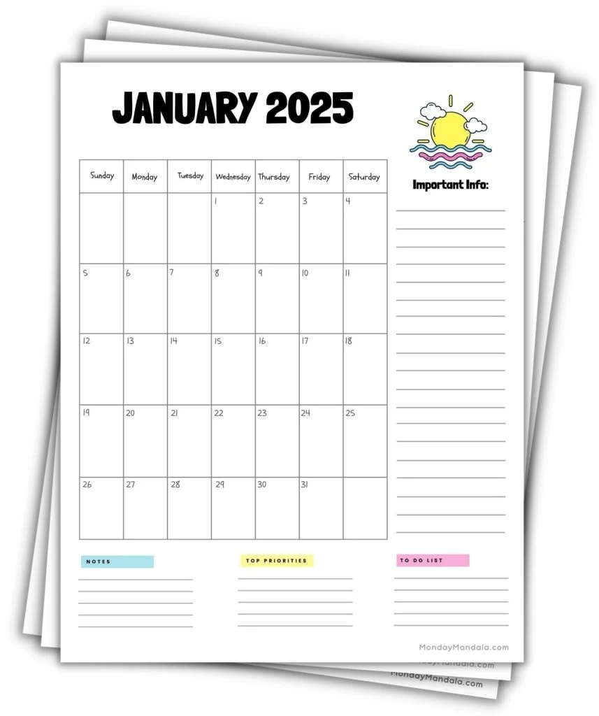 Printable Monthly Calendar 2025 Portrait