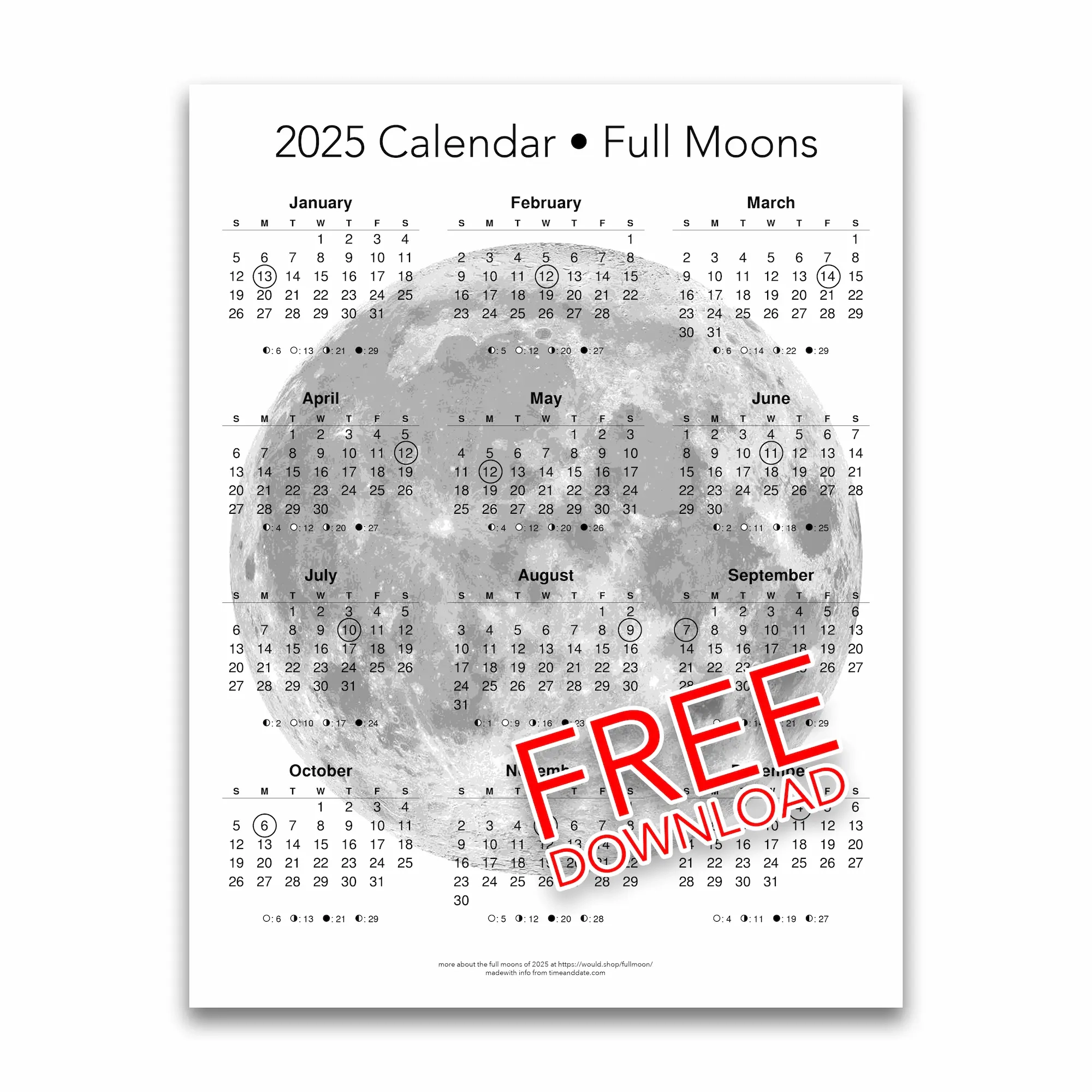 2025 Calendar Printable With Moon Phases