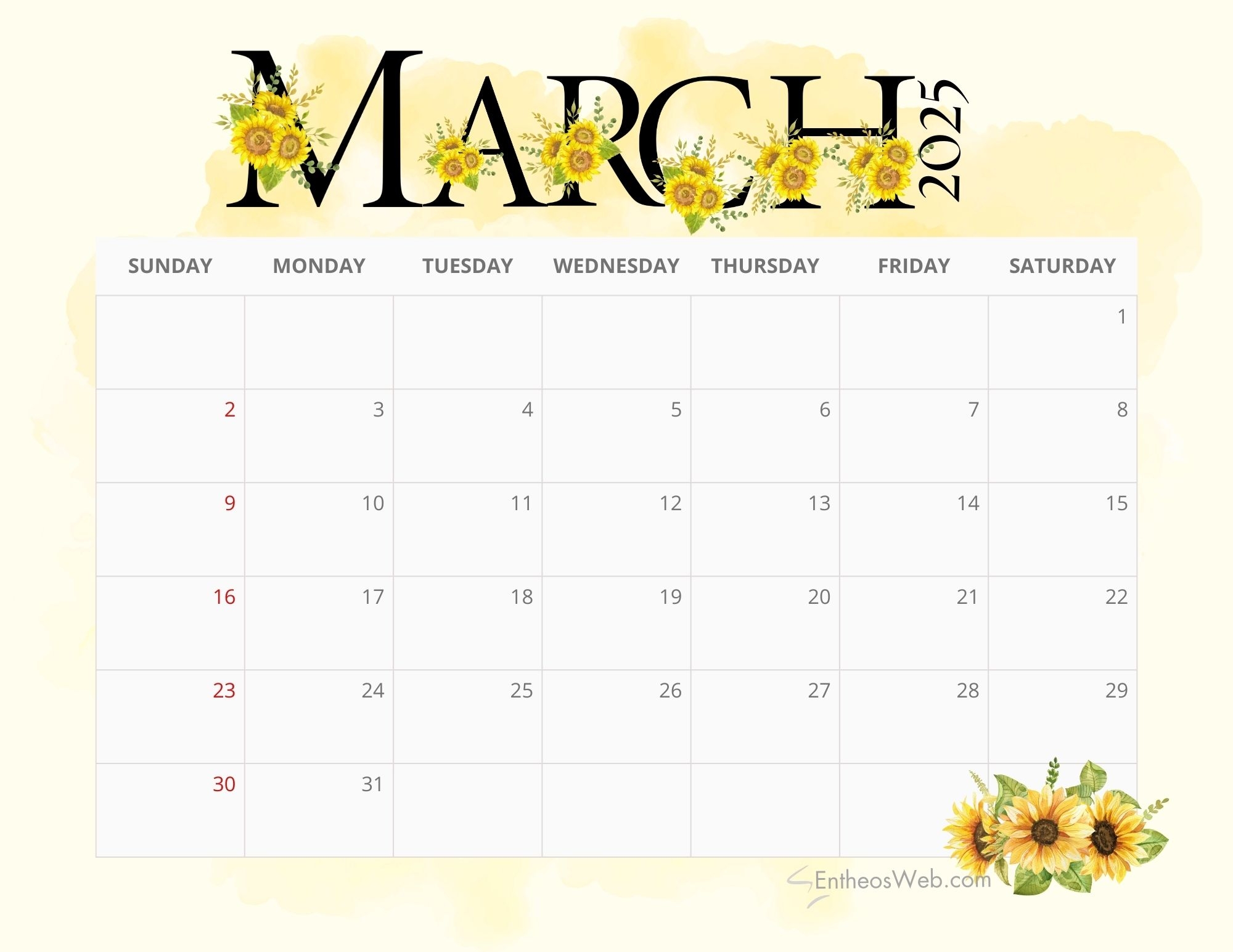 2025 Sunflowers Calendar PDF Printable EntheosWeb