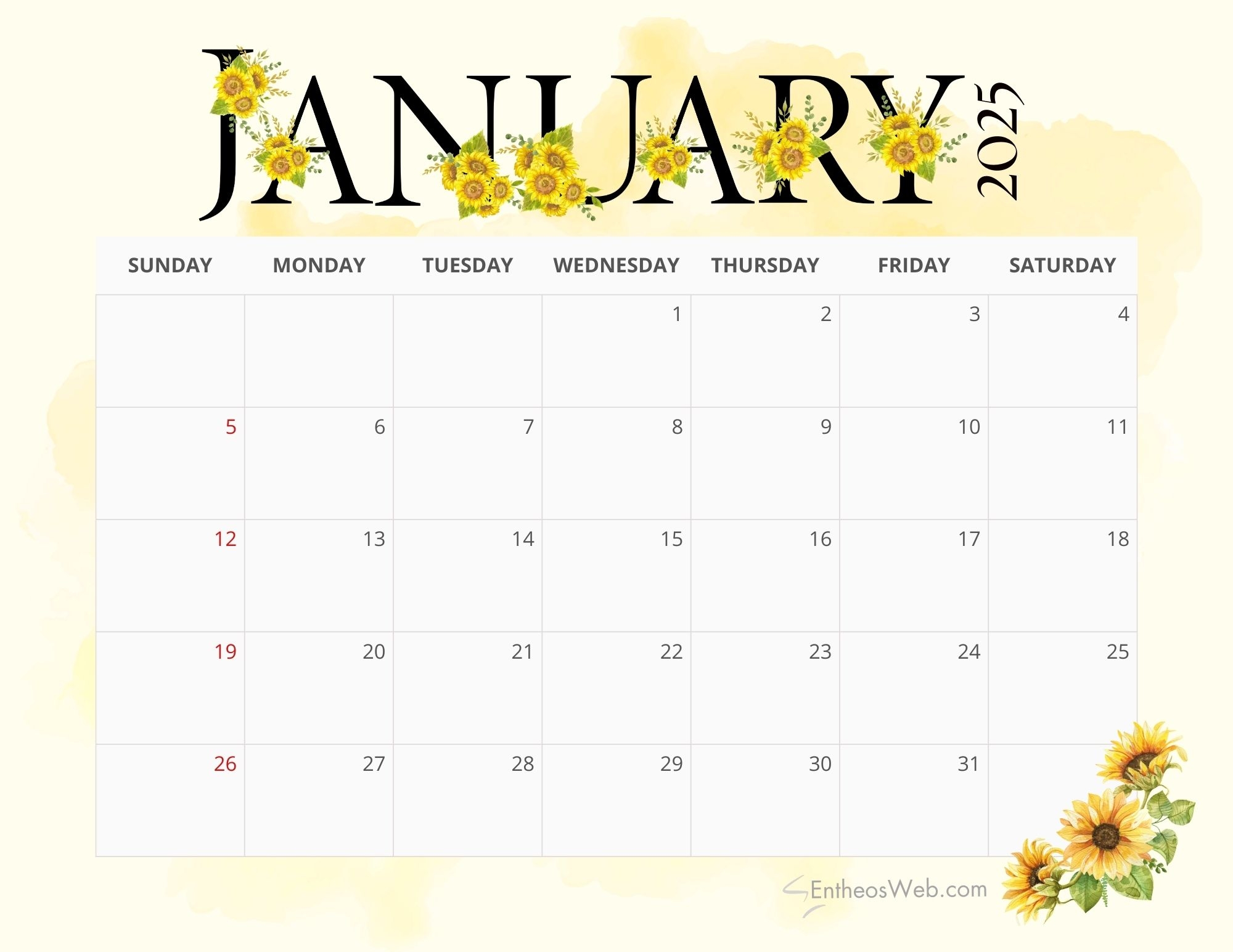 2025 Sunflowers Calendar Printable EntheosWeb