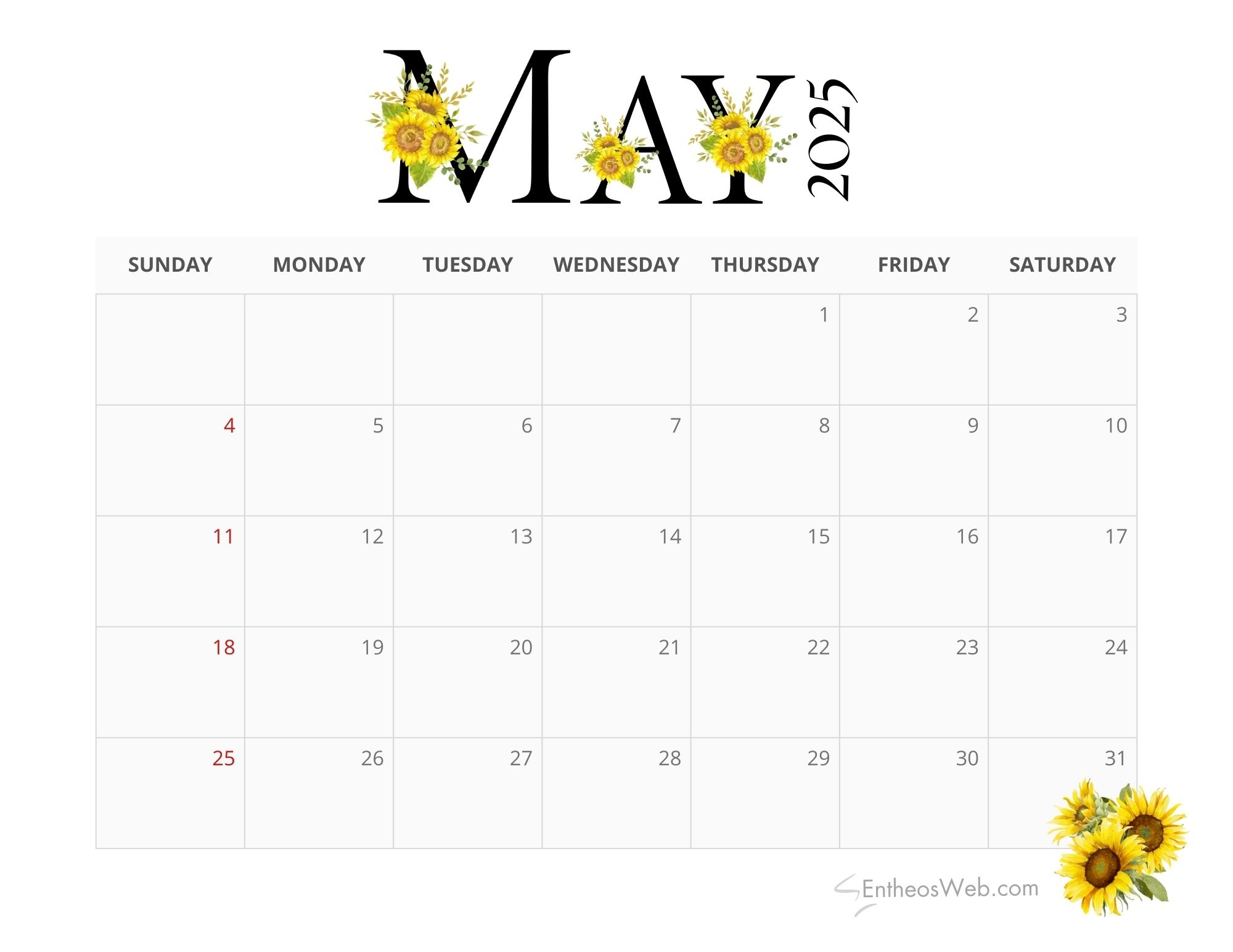 2025 Sunflowers Calendar Printable EntheosWeb