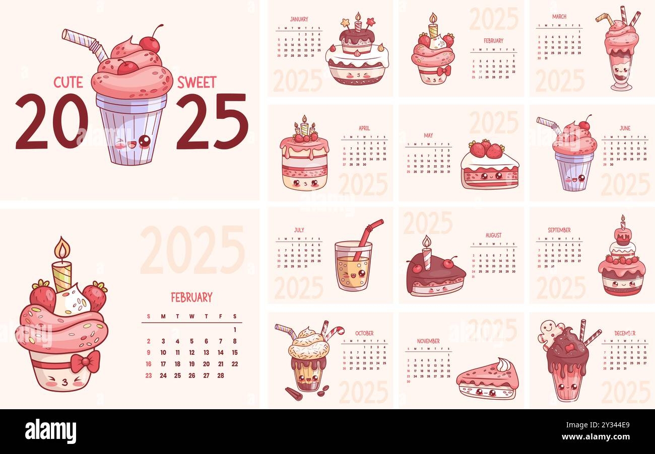 2025 Sweet Calendar Cute Kawaii Character Milk Shake Birthday Cake Lemonade Cream Dessert And Cupcake Vector English Horizontal Monthly Printable Stock Vector Image Art Alamy
