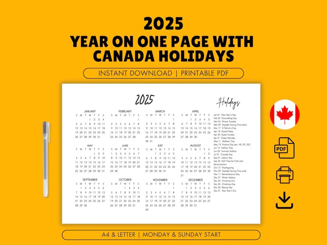 2025 Year On One Page With Canada Holidays Black And White Yearly Wall Calendar Sunday Monday Start A4 Letter Size Printable PDF Etsy