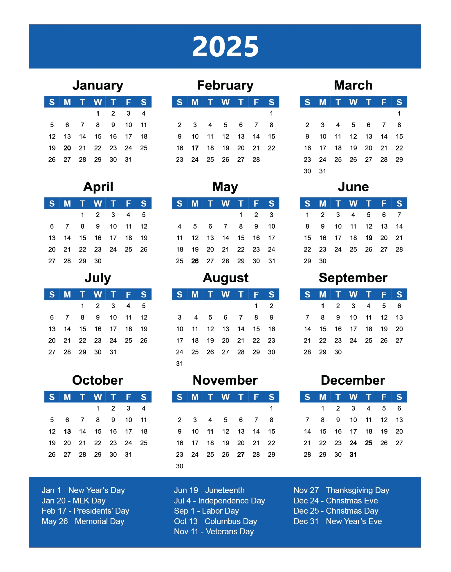 Printable 12 Month Calendar 2025 With Holidays
