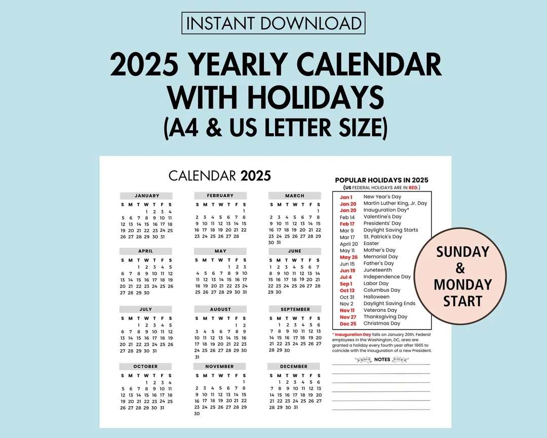 Printable Calendar 2025 With Holidays Usa