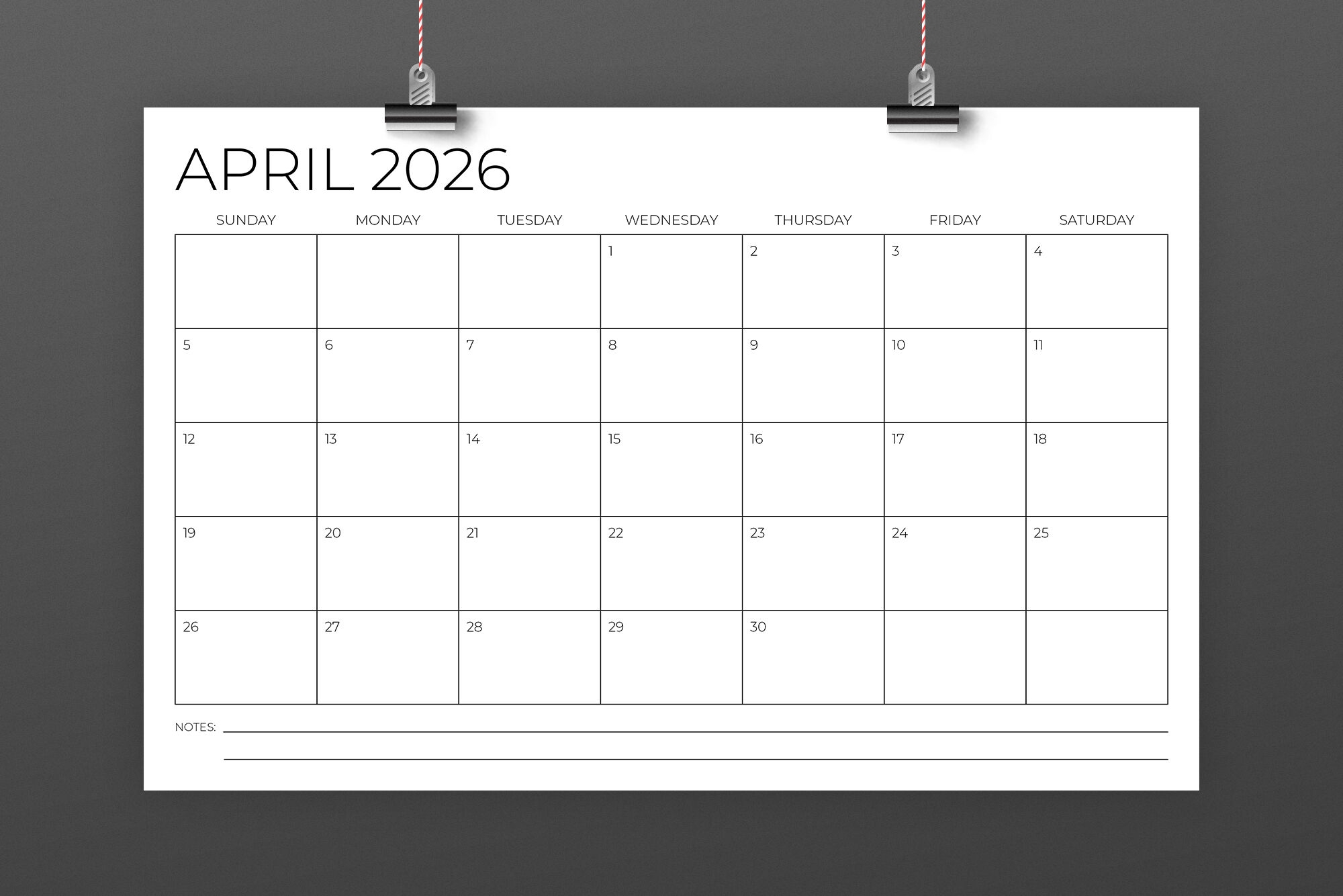 Blank Continuous 2026 Monthly Calendar Printable