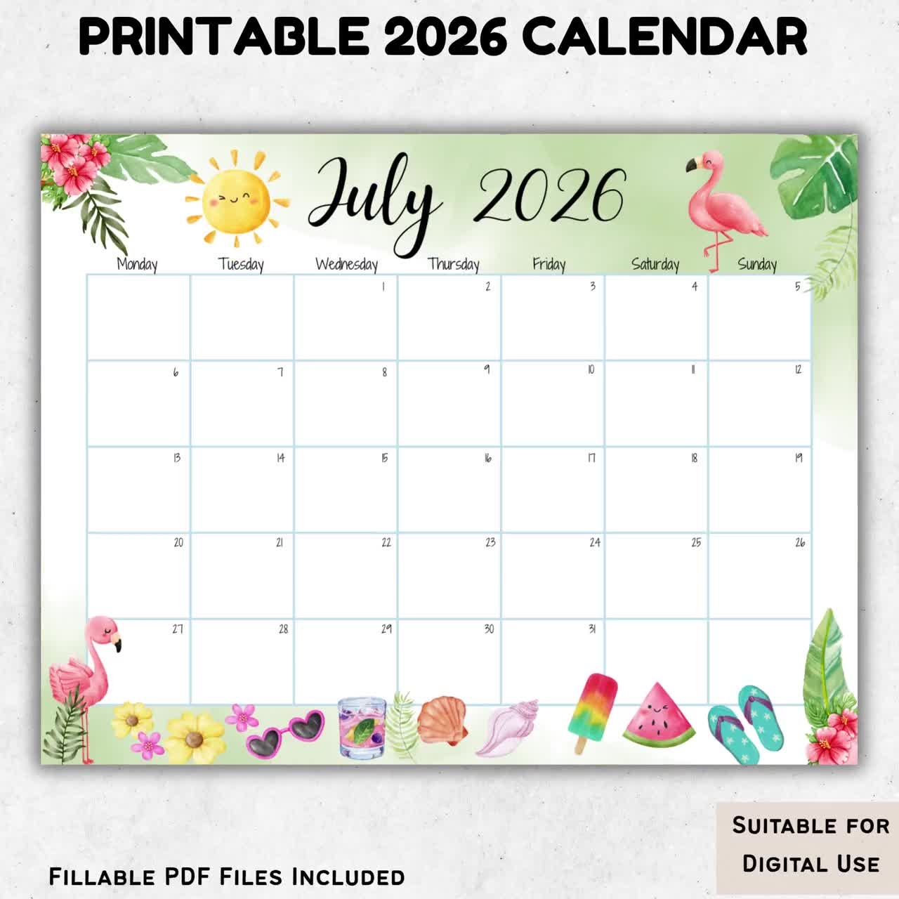 Cute Printable Monthly Calendar July 2026