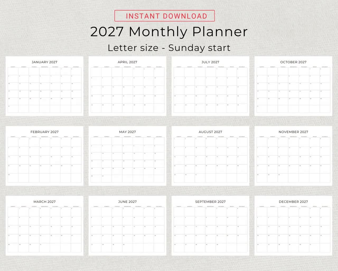 Printable Blank Calendar June July August 2027