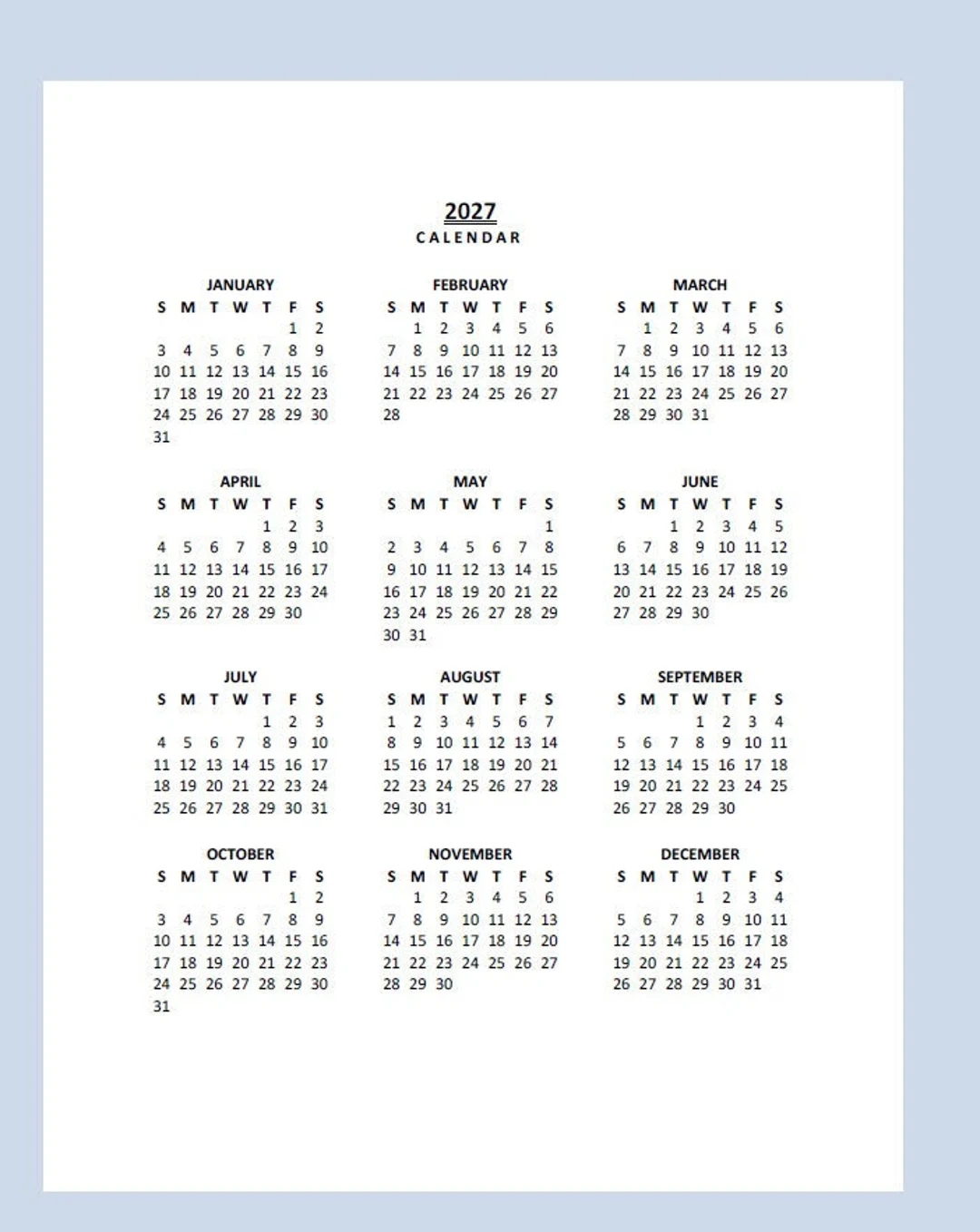 2027 Yearly Calendar Printable Sunday Start Year At A Glance PDF Portrait Etsy