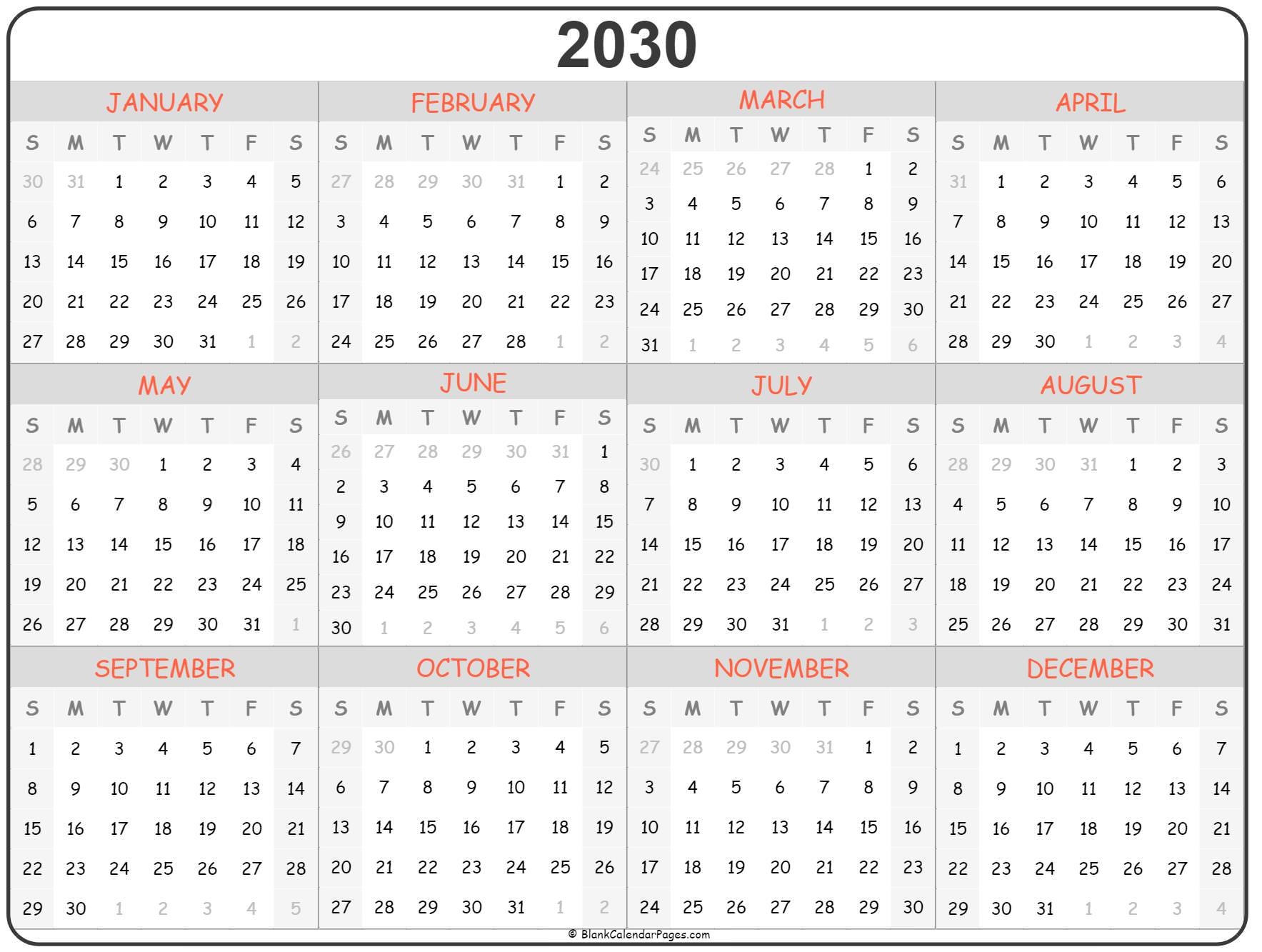 2030 Calendar Printable
