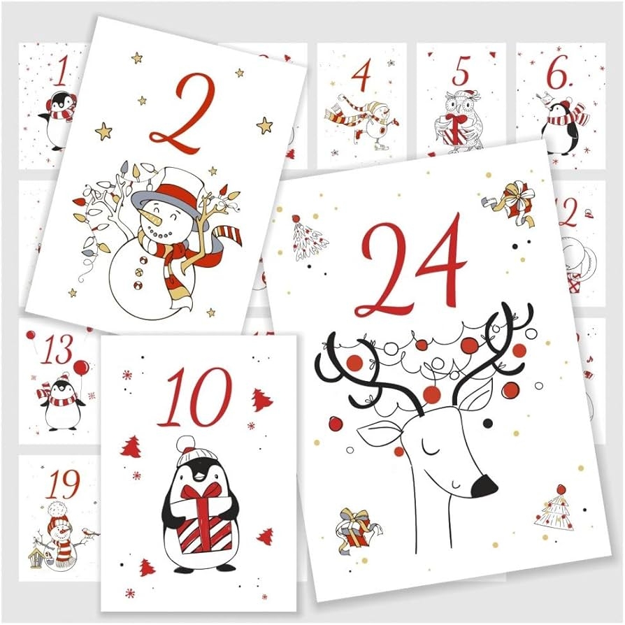 Advent Calendar Numbers Exclusive Cards With Numbers 1 24 And Christmas Motif Snowman Penguin Owl Reindeer Dog Etc Size DIN A6 Amazon de Home Kitchen