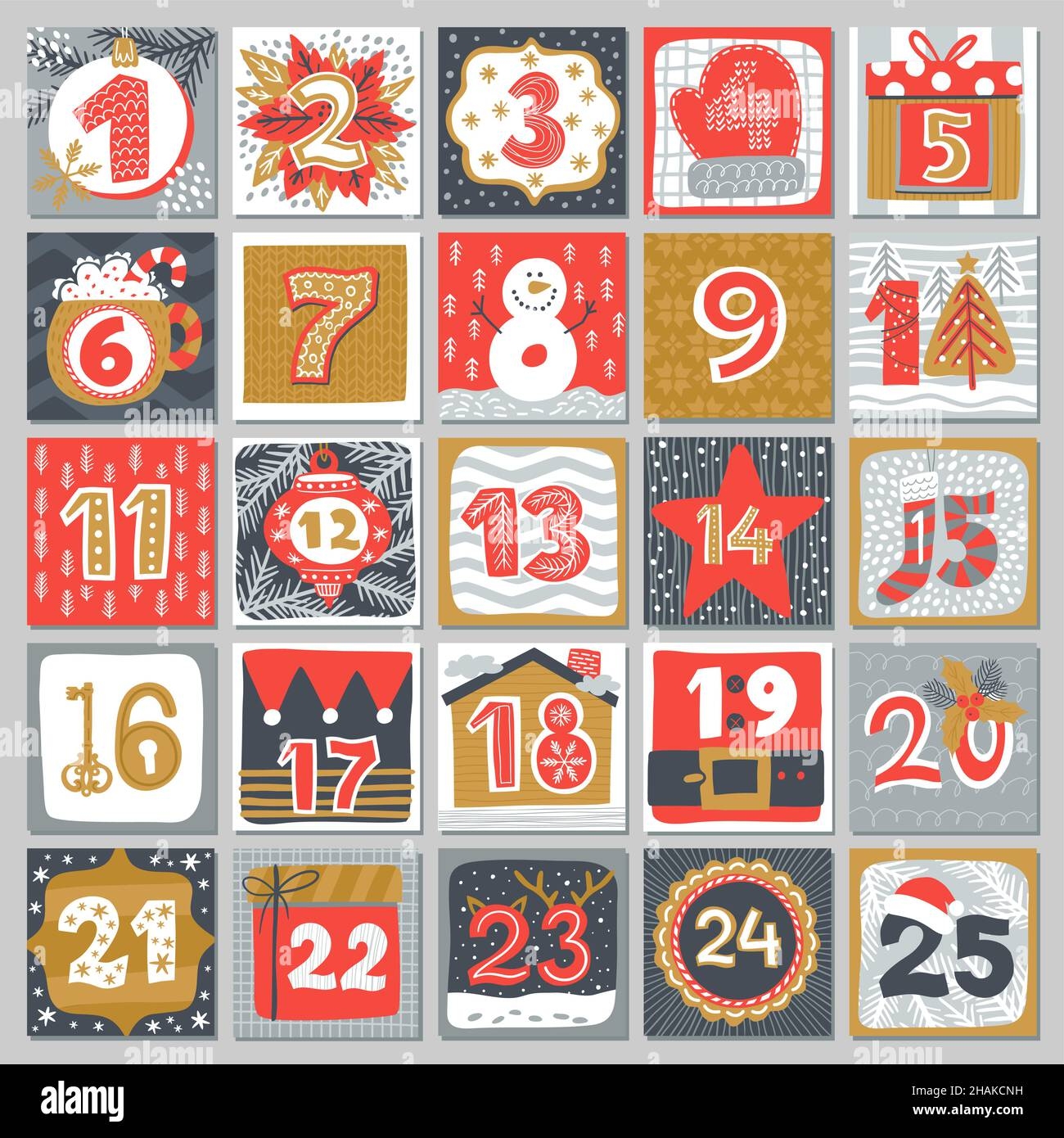 Advent Calendar Of Christmas Or Xmas Winter Holiday Vector Countdown To Christmas With Numbers Santa Gifts Xmas Tree Decorations And Snowman Reind Stock Vector Image Art Alamy