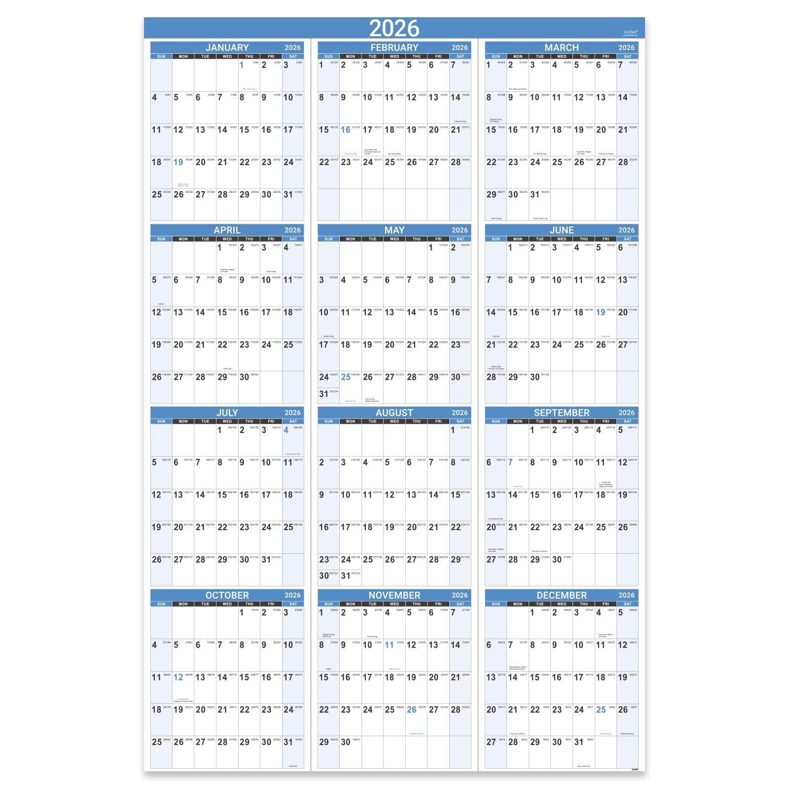 Amazon 2026 Yearly Wall Calendar 2026 Wall Calendar With Julian Date Jan 2026 Dec 2026 One Page For Organizing Premium Thick Paper Vertical Gift Pocket 34 8 X 22 8 Open Blue Office Products