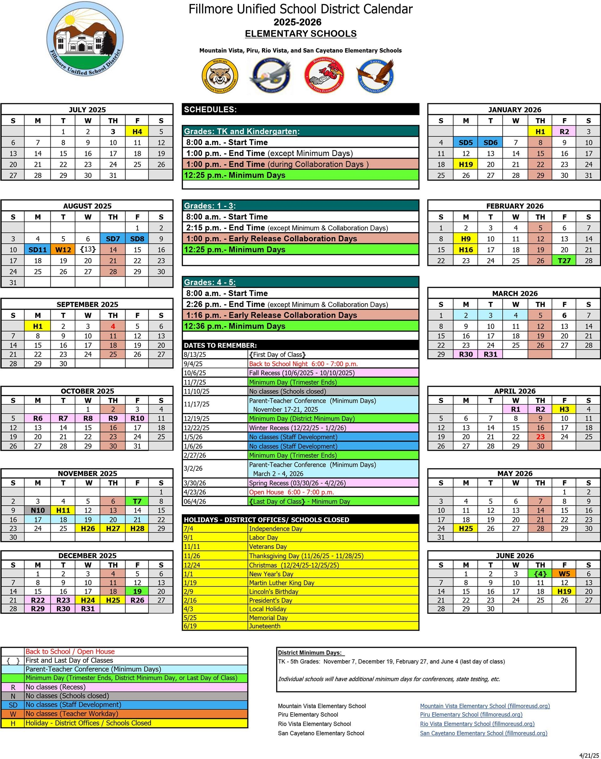 Annual School Calendars English Spanish Family Resources And Engagement Fillmore Unified School District