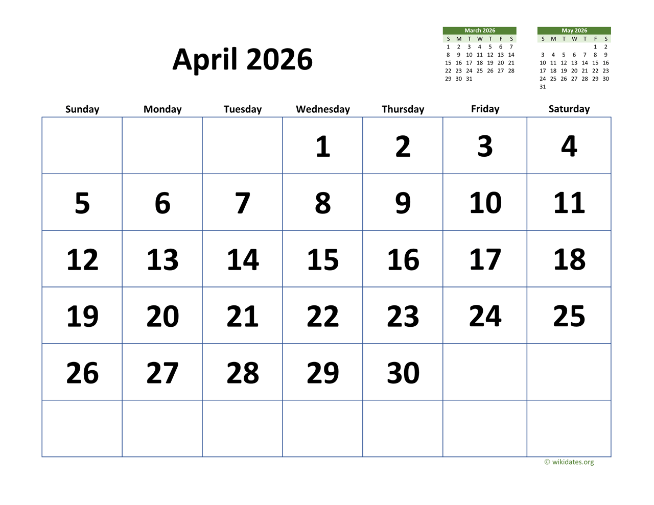 Calendar April 2026 Printable