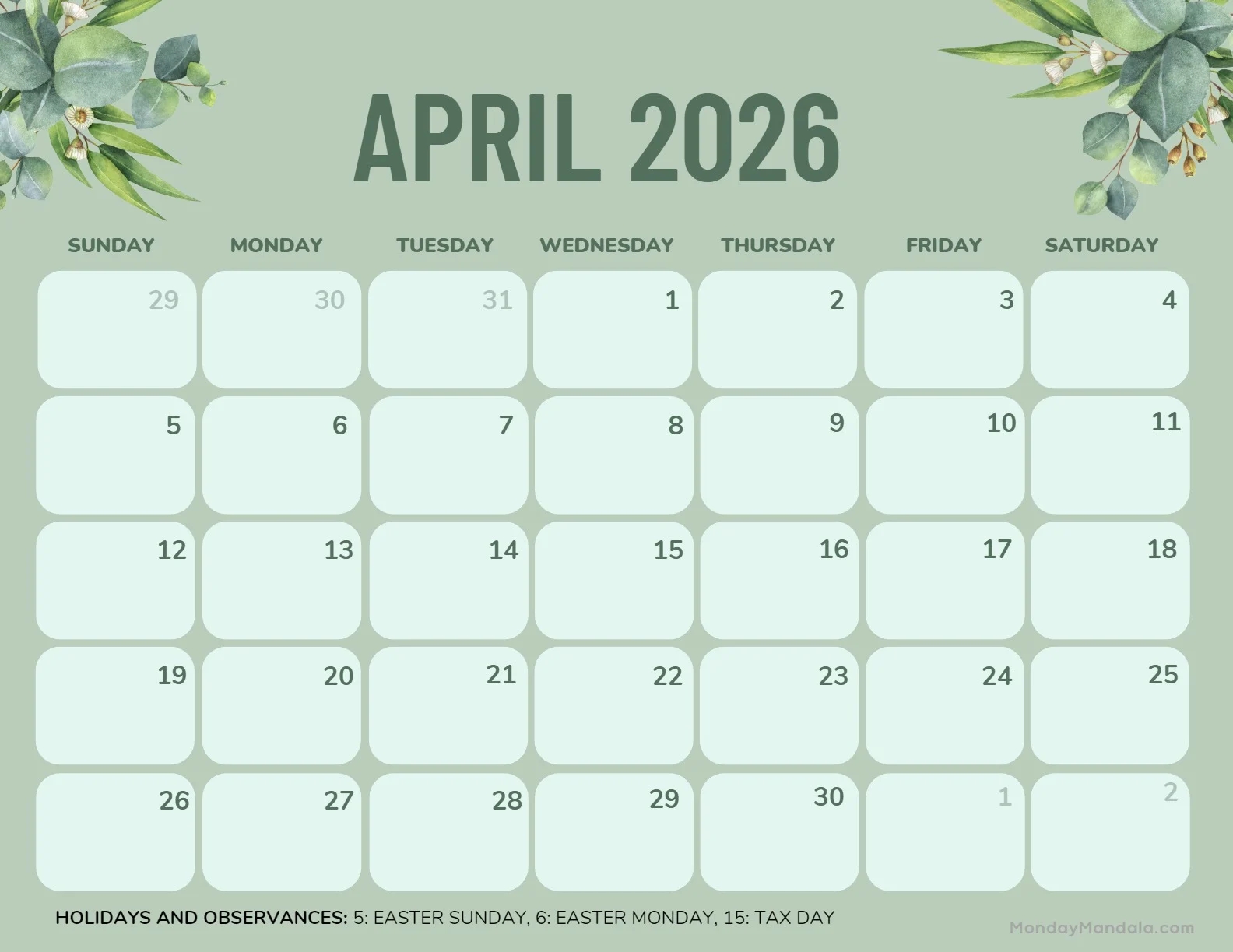april 2026 calendars free pdf printables