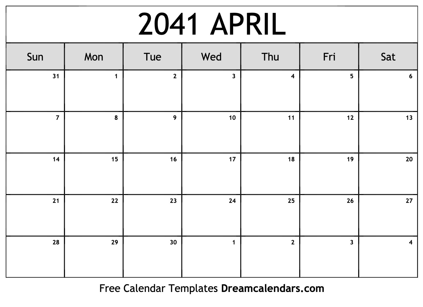 April 2041 Calendar Free Printable With Holidays And Observances