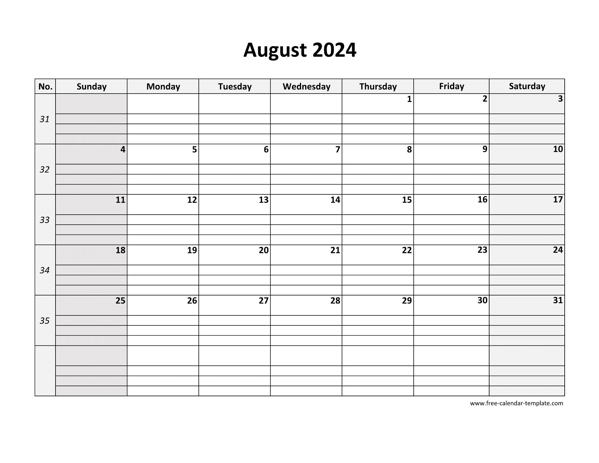 Free Printable August Calendar