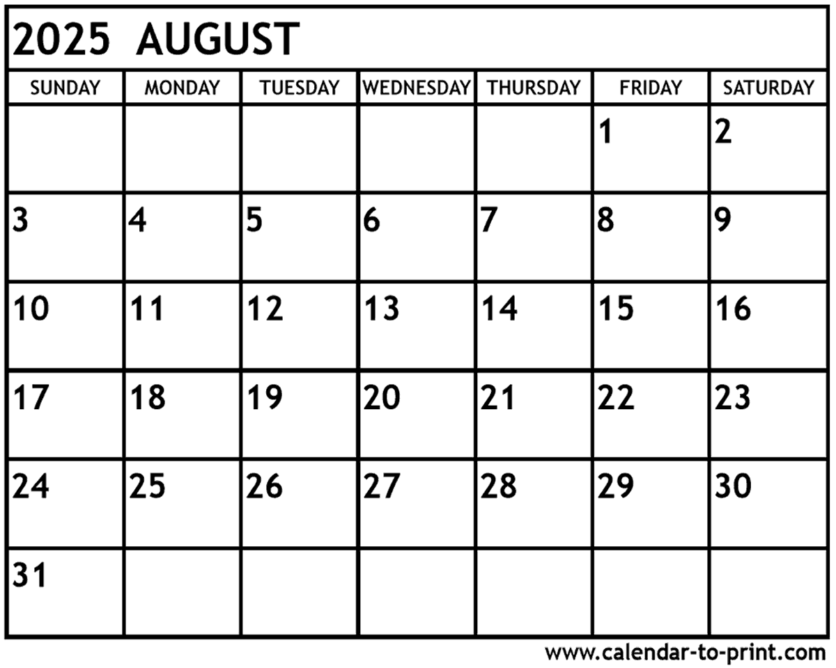 Printable Aug 2025 Calendar Free