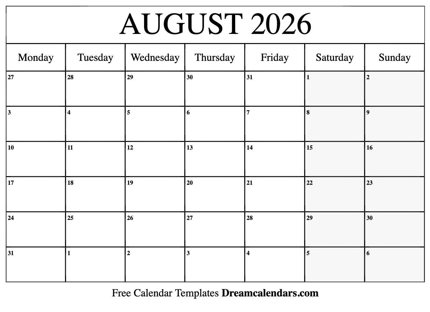 Blank August Calendar 2026 Printable