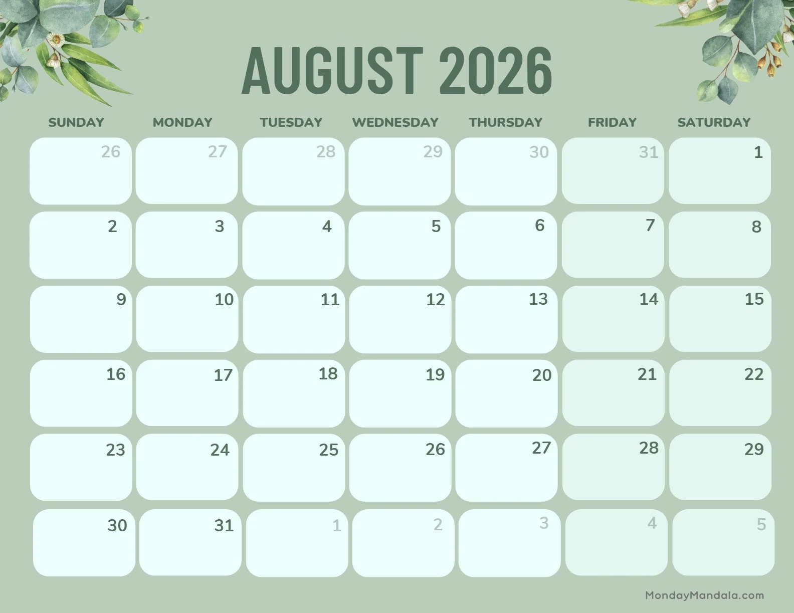 June July Aug 2026 Calendar Printable