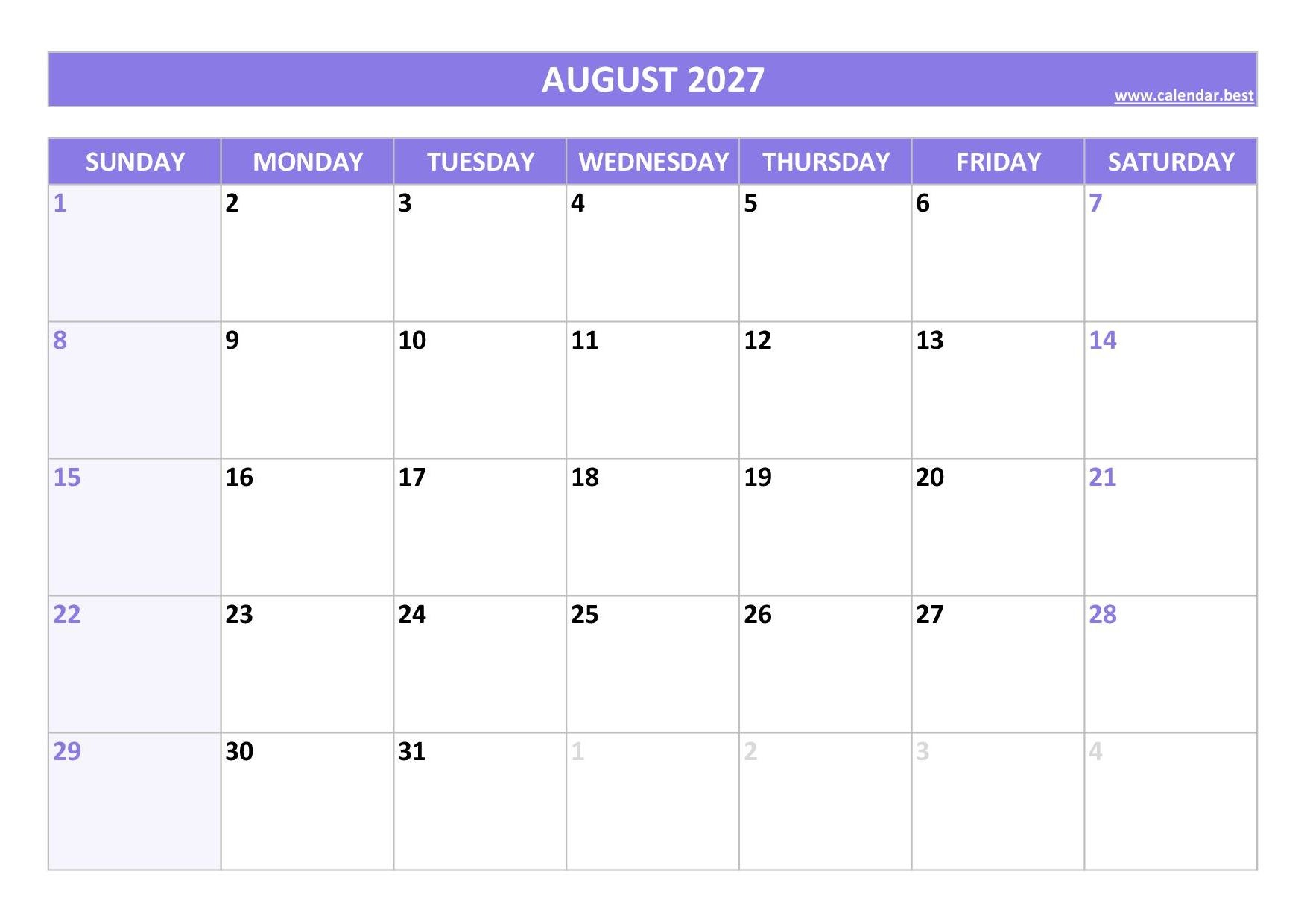 August 2027 Calendar Calendar best