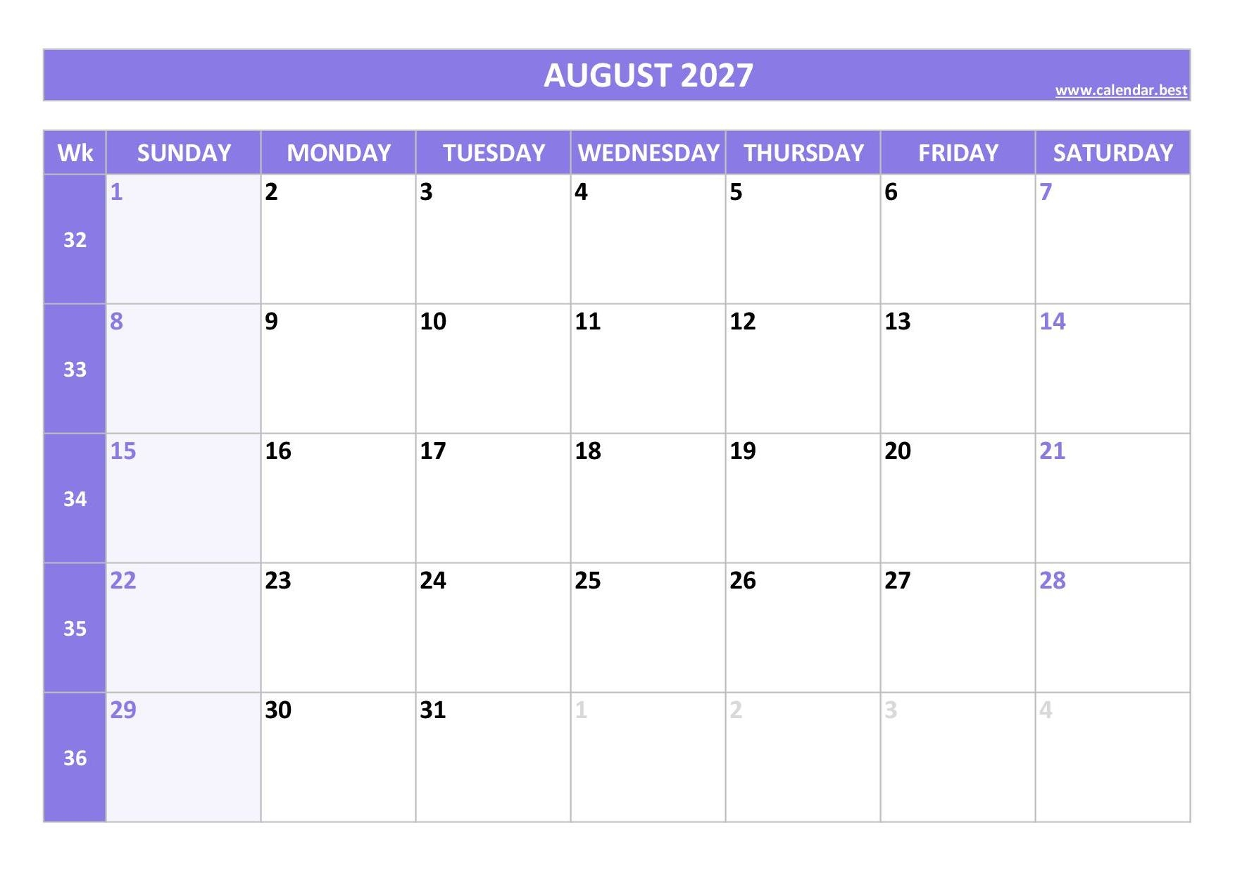 August 2027 Calendar Calendar best
