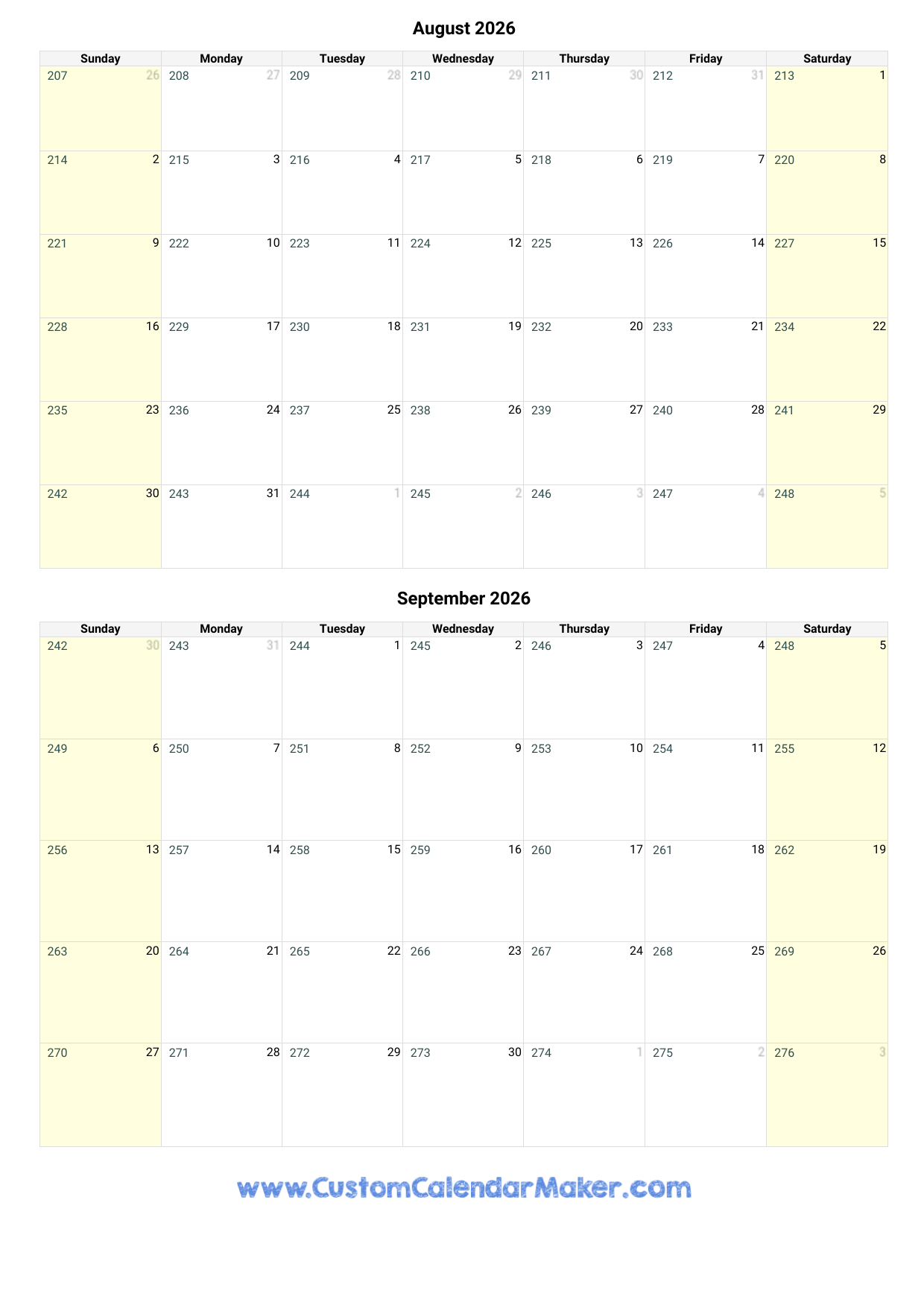 August And September 2026 Calendar Custom Calendar Maker