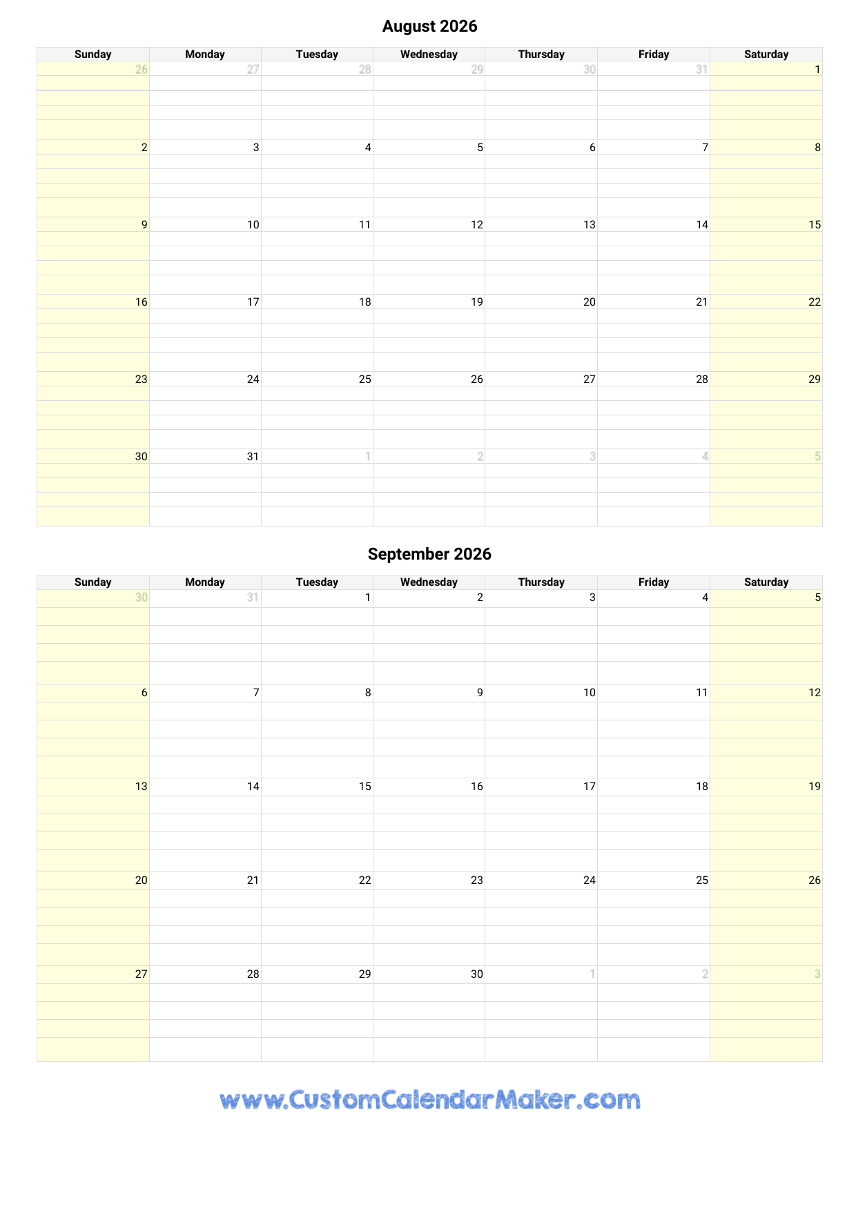 Calendar Template August 2026 Printable