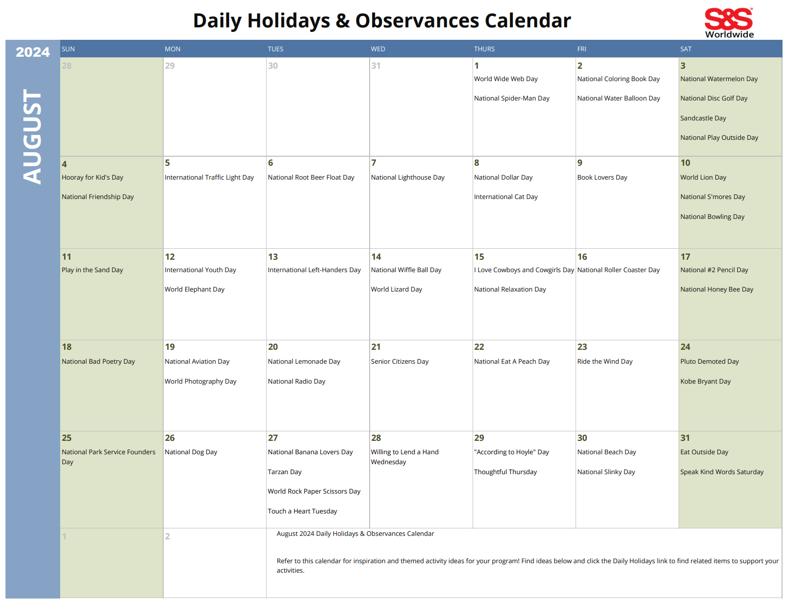 August Daily Holidays Observances Printable Calendar S S Blog