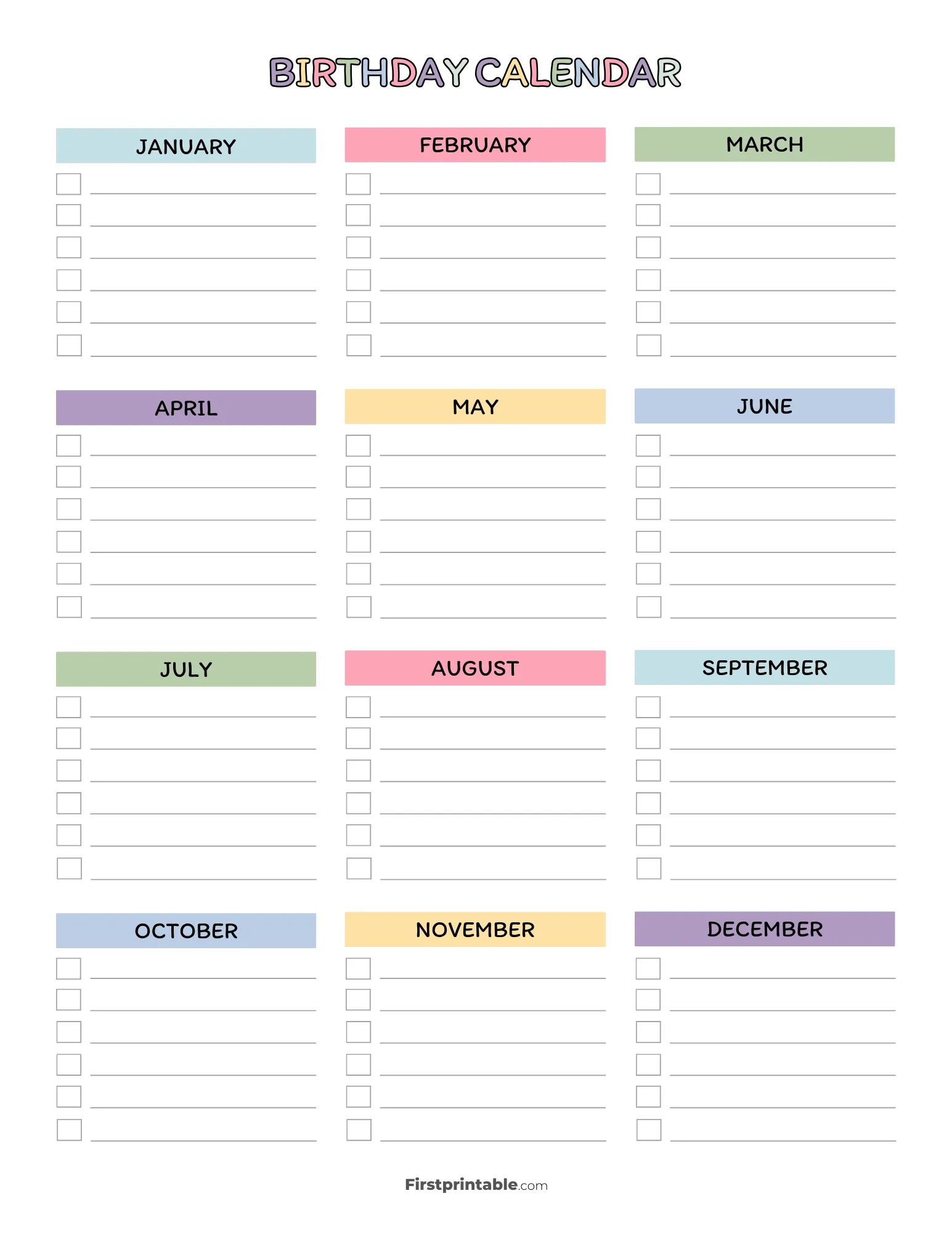 Birthday Calendar 30 Free Templates