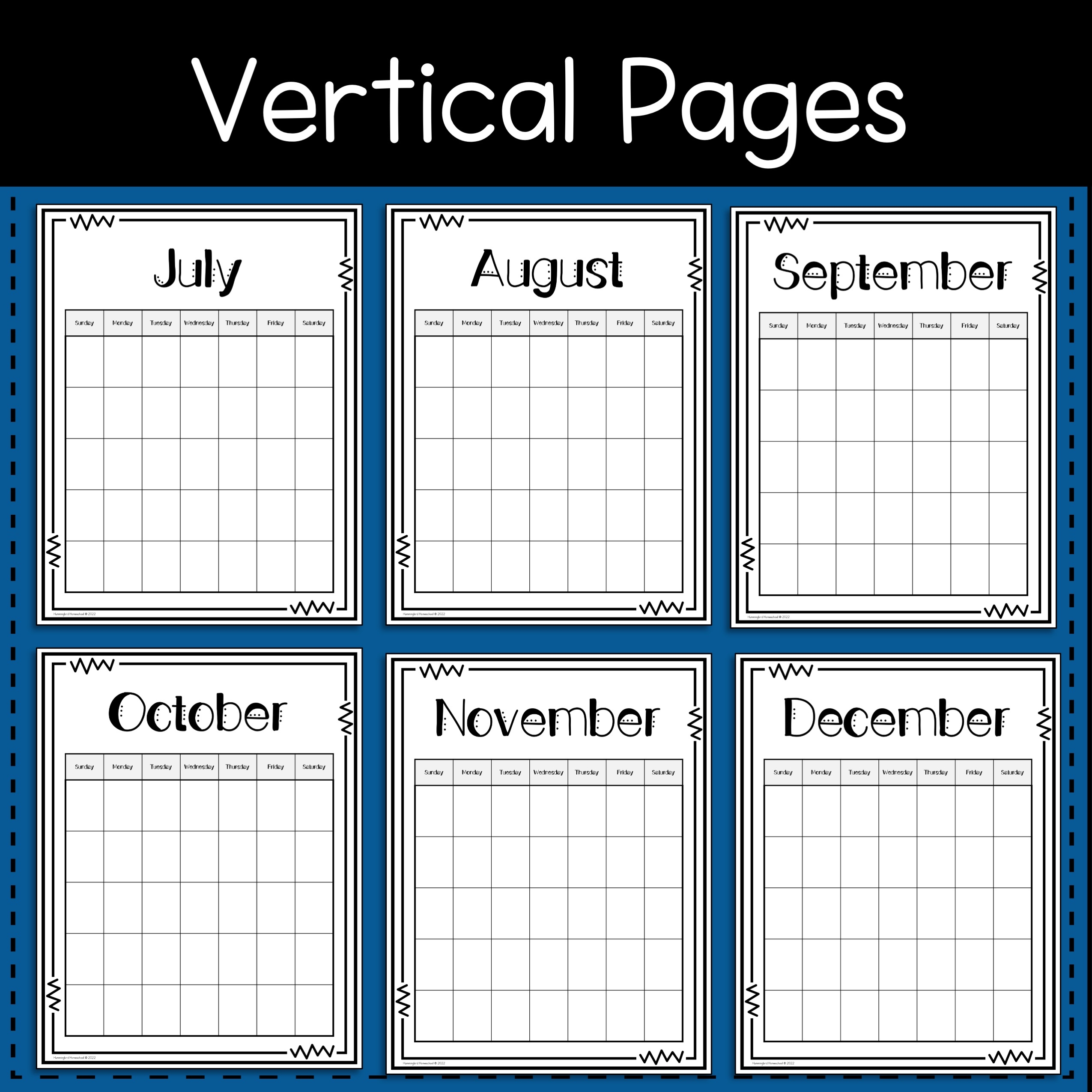 Blank Monthly Calendars Vertical Undated Reusable Single 