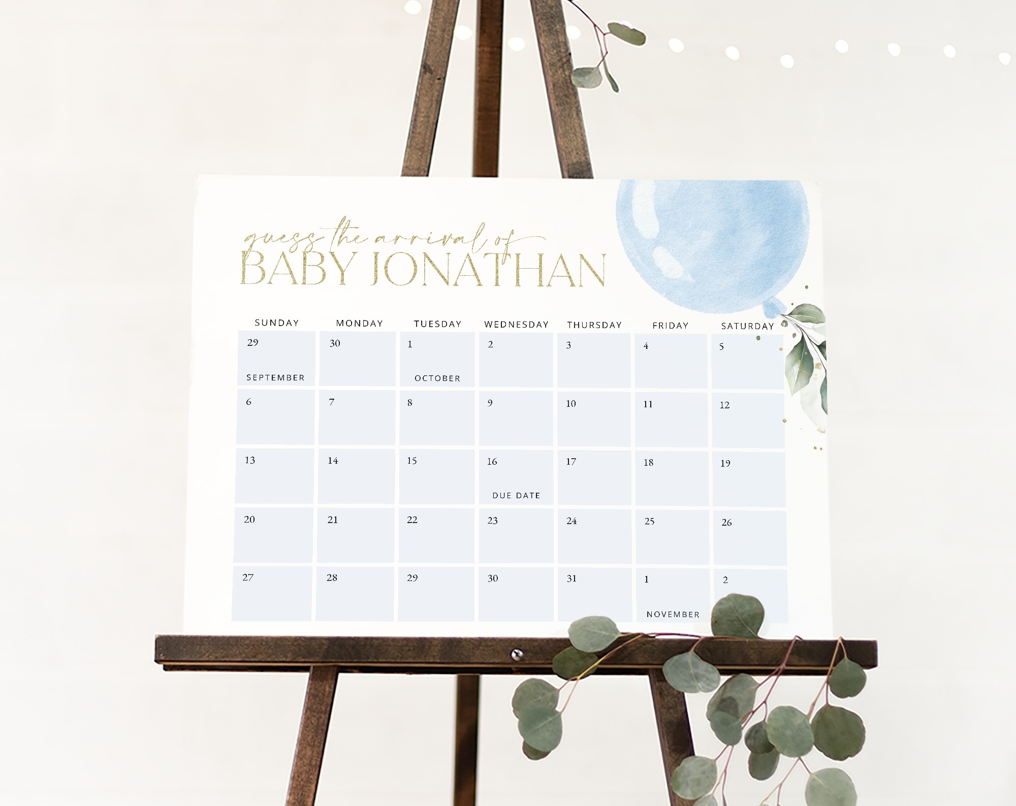 Blue Balloon Guess The Due Date Baby Shower Game