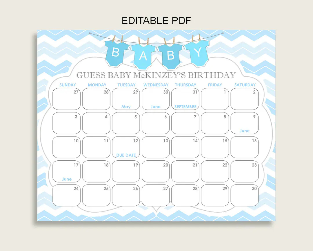 Blue White Guess Baby Due Date Calendar Game Printable Chevron Baby Shower Boy Birthday Prediction Calendar Editable Instant Cbl01 Etsy