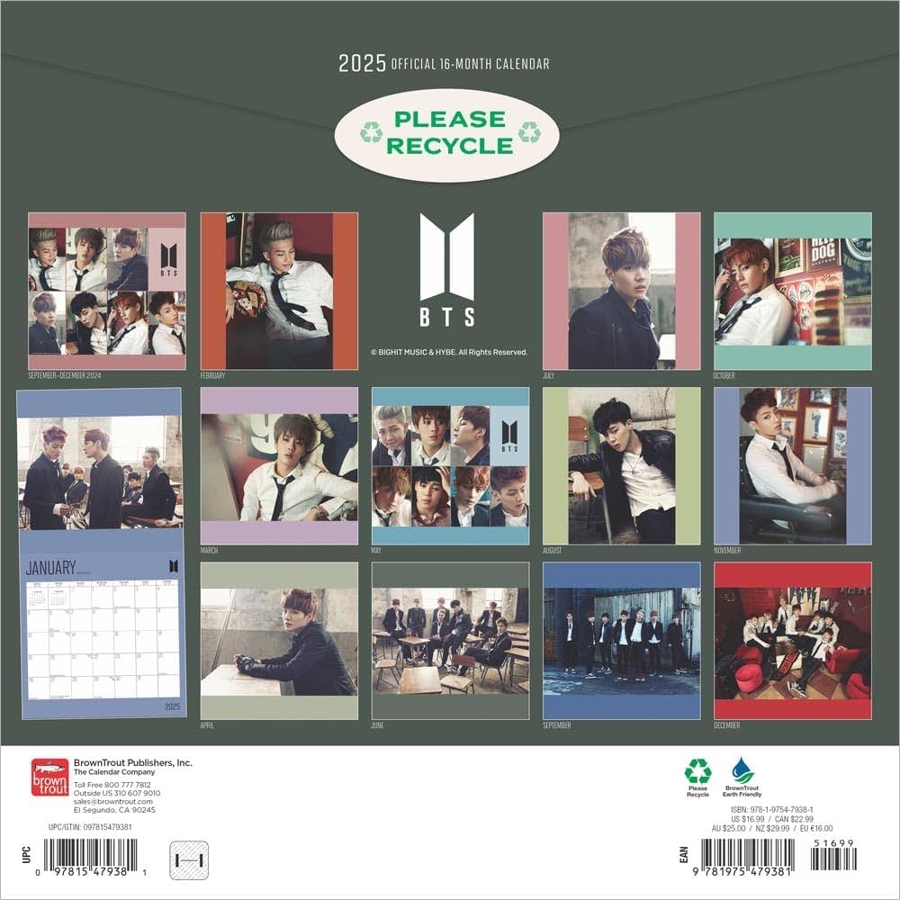 BTS OFFICIAL 2025 12 X 24 Inch Monthly Square Wall Calendar Plastic Free BrownTrout K Pop Bangtan Boys Music BrownTrout BrownTrout Publishers Inc BTS 9781975479381 Amazon Books
