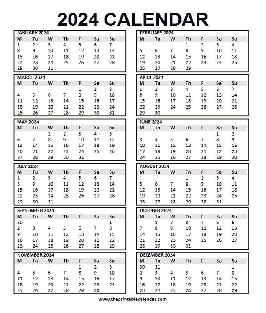 Calendar 2024 Printable 12 Month Calendar On One Page From Theprintablecalendar