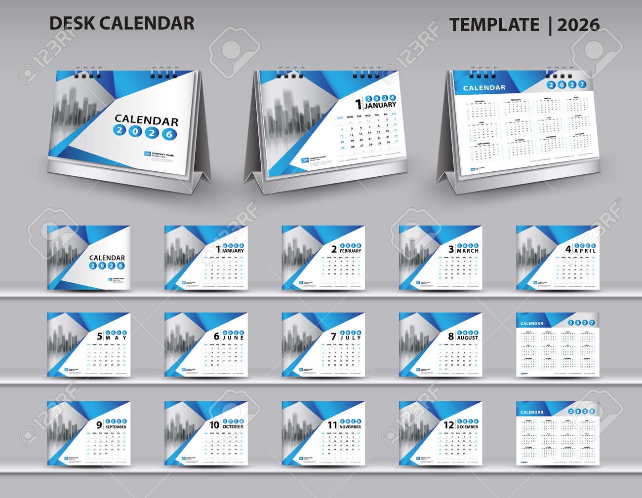 Calendar 2026 2027 2028 Template Desk Calendar 2026 Design Wall Calendar 2026 Year 3d Calendar Mockup Blue Cover Design Set Of 12 Months Week Starts Sunday Planner Flyer Design Vector Royalty Free